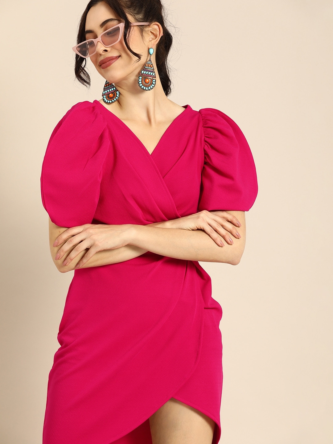 Athena Charming Fuchsia Pink Power Shoulders Tulip Hem Wrap Dress- top 14 dresses from Myntra