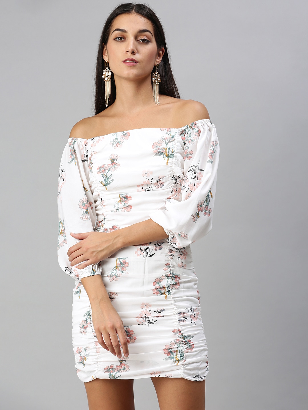 Pristine White Floral Print Ruched Dress- Top 14 dresses from Myntra